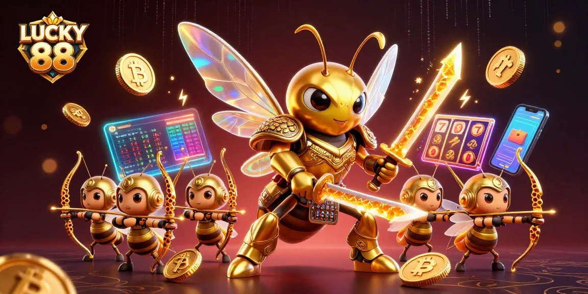 LUCKY 88 captures slot excitement with a golden hornet and crypto elements in a vibrant casino scene.