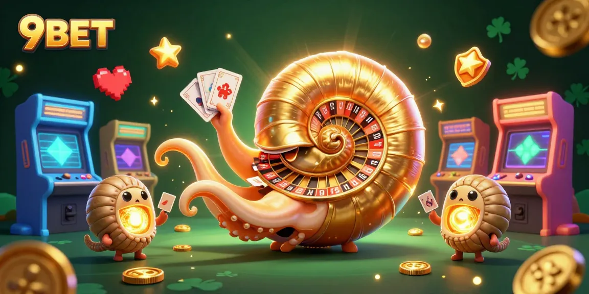 9BET captivates players with an enchanting 3D casino scene featuring a golden roulette nautilus and glowing game elements.