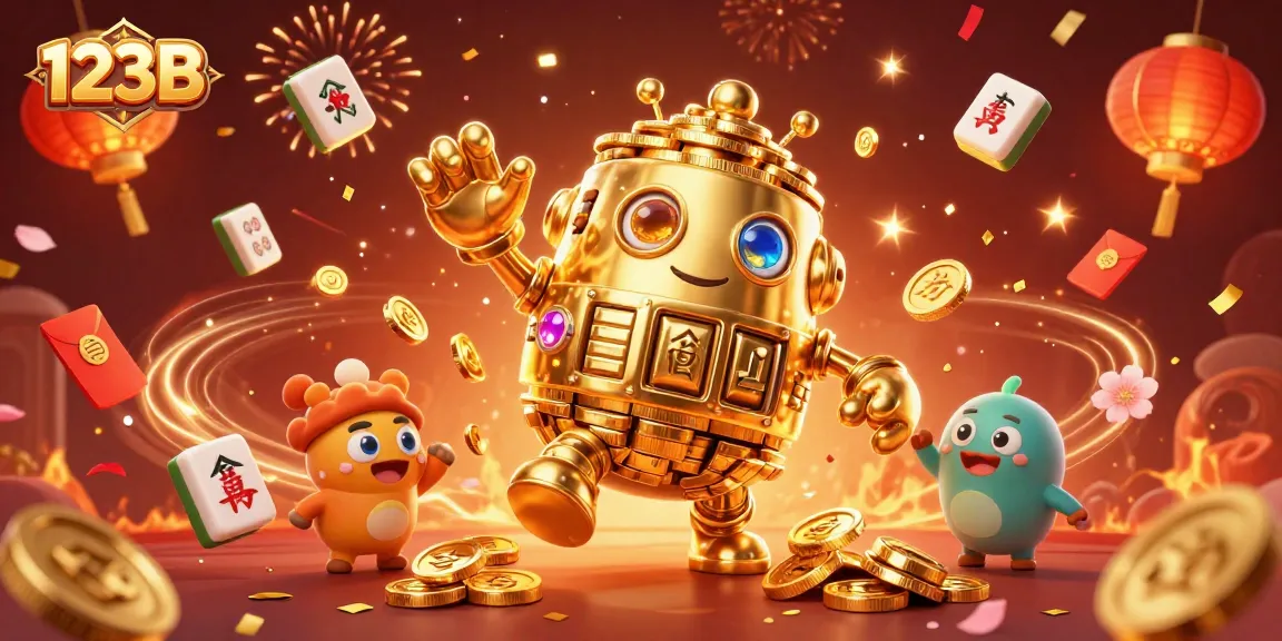 Engage with exciting gaming adventures at 123B, featuring a dynamic golden golem surrounded by lively casino elements.