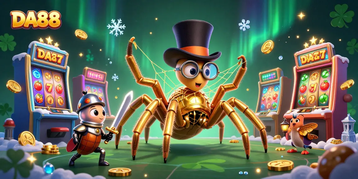 Experience thrilling gameplay with DA88 featuring a golden tarantula weaving webs among vibrant slot machines.