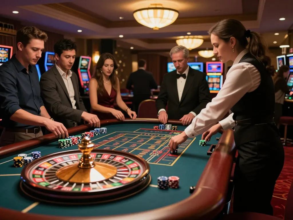 Engaged players placing bets at the roulette table in BL555 casino, thrilling gaming atmosphere.