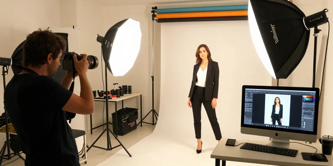 Fotografo professionista Milano che cattura un modello alla moda in un vivace ambiente da studio.