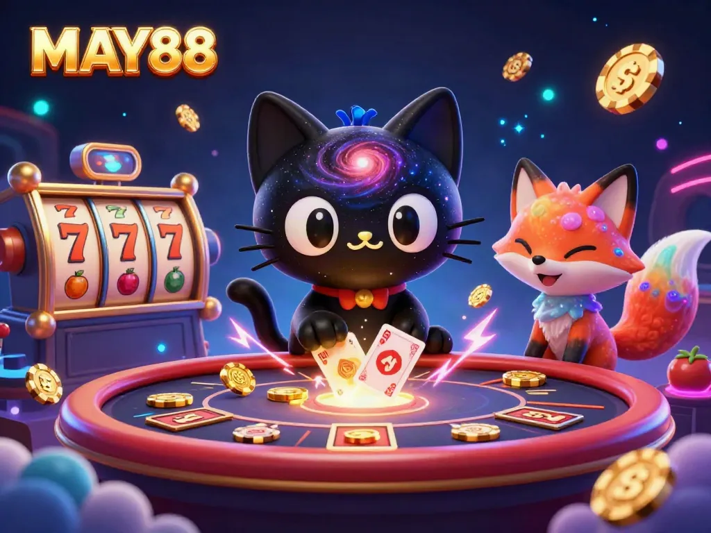 MAY88 features a captivating casino scene with a black hole cat and colorful elements enchanting players.