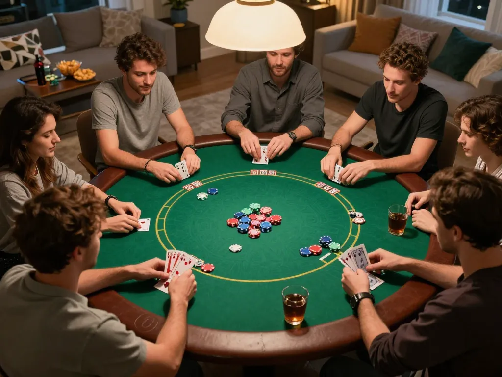 Teman-teman menikmati malam poker di rumah dengan dekorasi bertema 66menang, chip yang dimainkan, dan interaksi yang meriah.