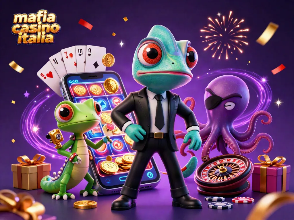 Experience the excitement of mafia casino italia with vibrant 3D characters amid lively casino elements.