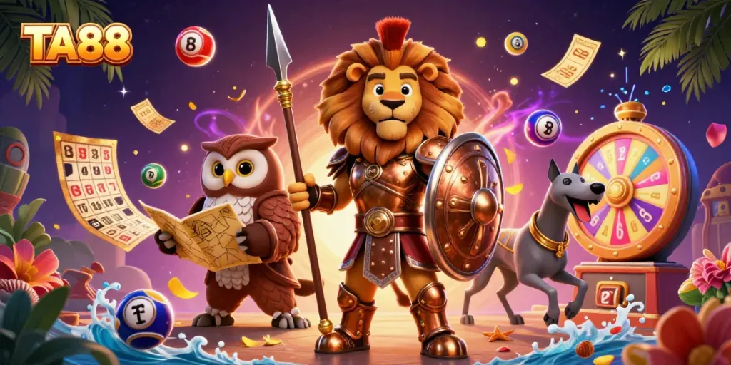 TA88 players engage with colorful lottery elements in this vibrant gaming adventure scene.