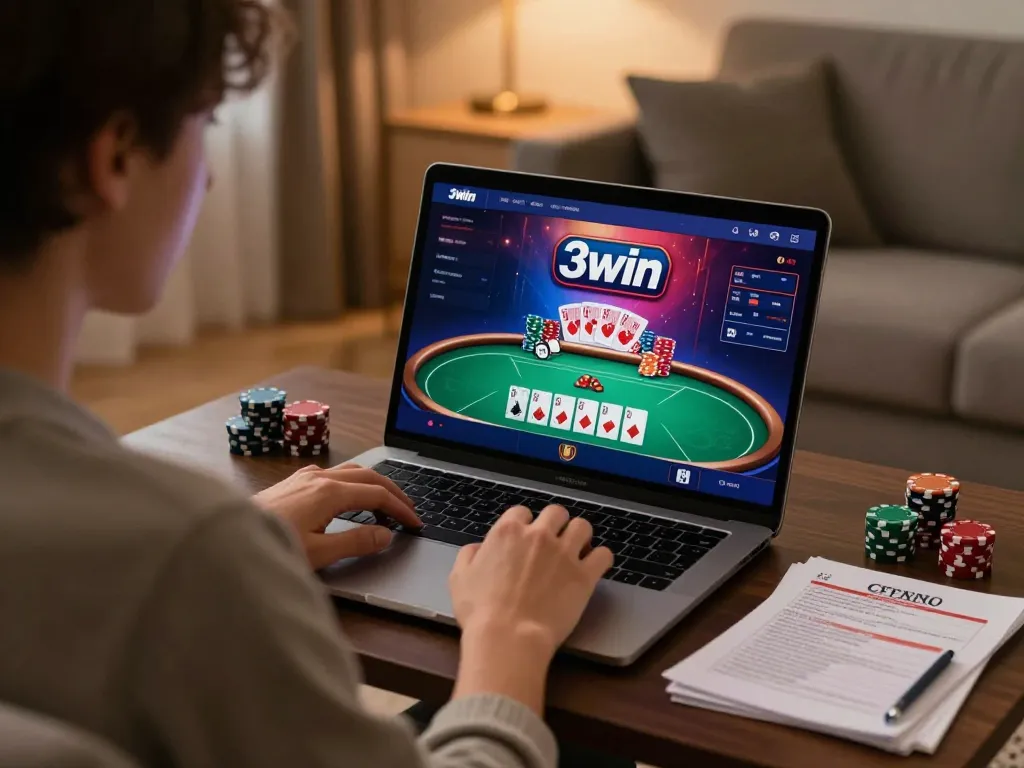 Engaging in a poker game on 3win’s online platform at home, showcasing strategic gameplay moments.