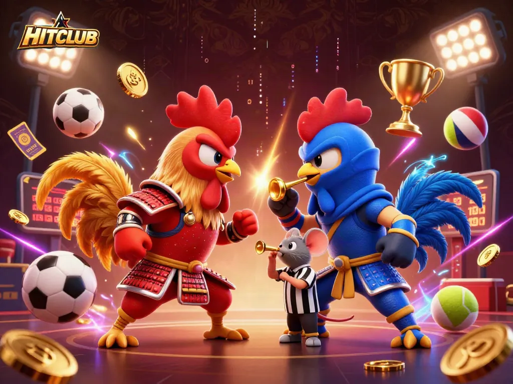 Engage in thrilling HITCLUB action with cartoon roosters in an epic battle under dynamic sports elements.
