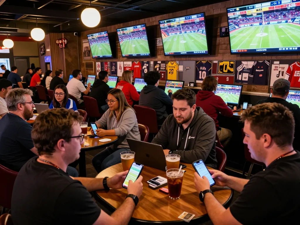Exciting sports betting scene at go88 with fans placing bets while watching live games on multiple screens.