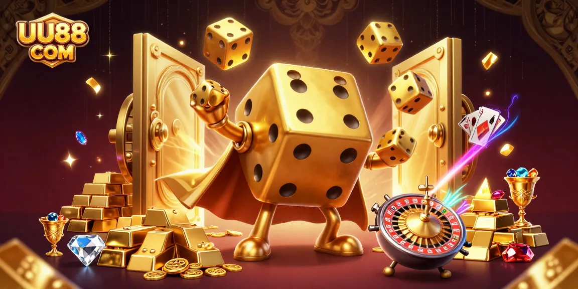 Experience the excitement at UU88 COM, where golden dice juggle amidst treasures and vibrant casino elements.