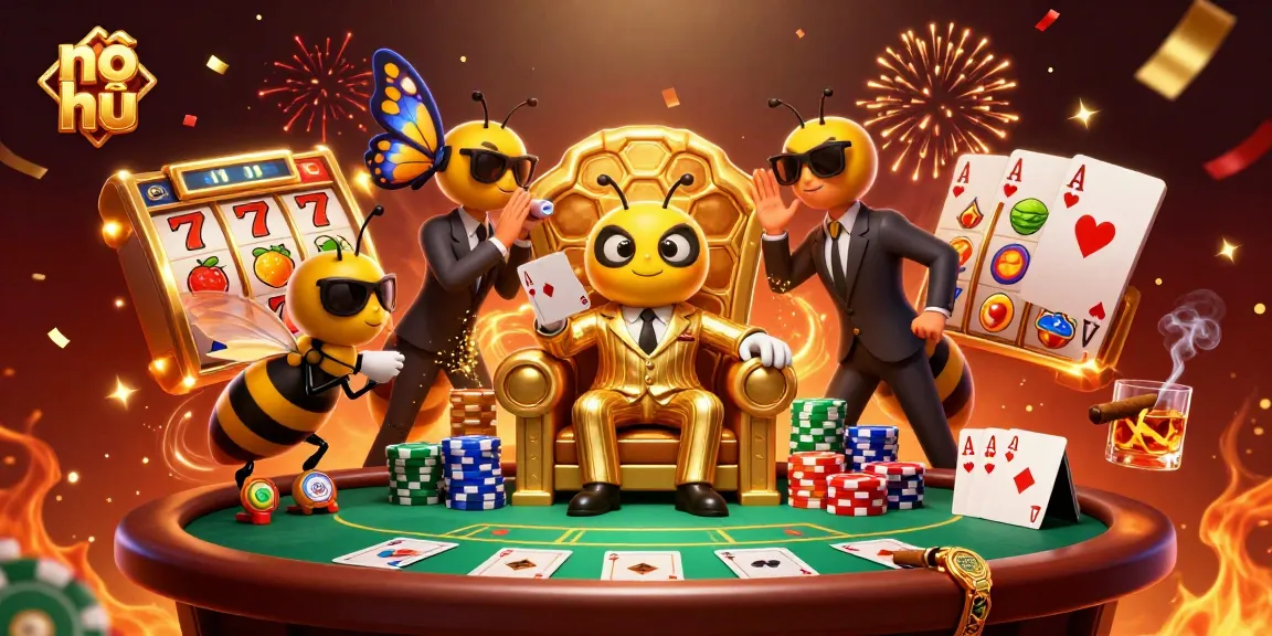 Spin the nổ hũ reels with vibrant symbols and jackpot excitement in this dynamic casino scene.