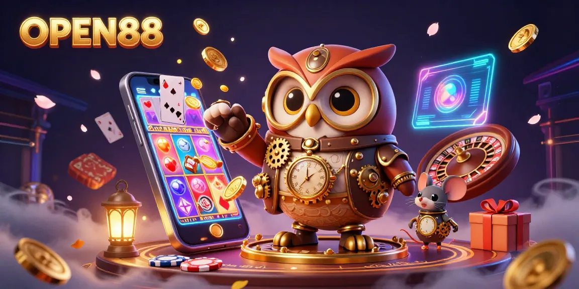 Engage with OPEN88's thrilling casino adventure featuring a time-traveling owl amidst bursting slot games and cards.