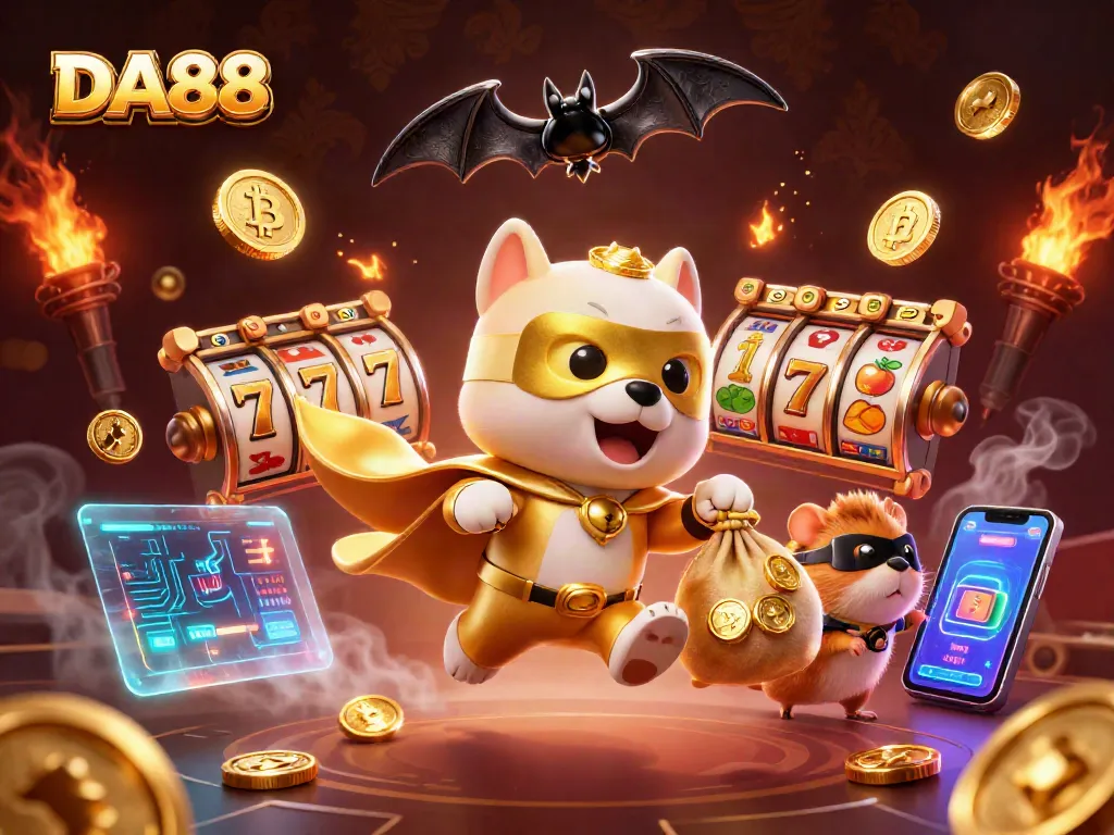 Set your sights on winning with DA88 in this 3D cartoon casino scene featuring a superhero dog and gold coins.
