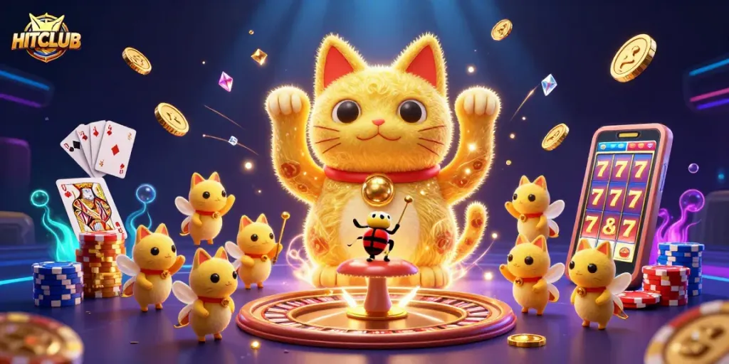 Experience the excitement of HITCLUB with a vibrant 3D illustration featuring lucky symbols, coins, and dynamic visuals.