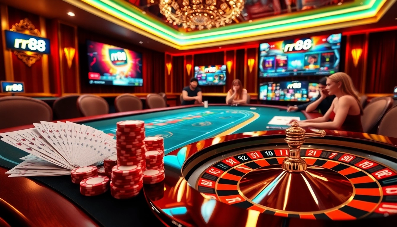 Experience the excitement of rr 88 with vibrant poker chips and a luxurious casino setting.