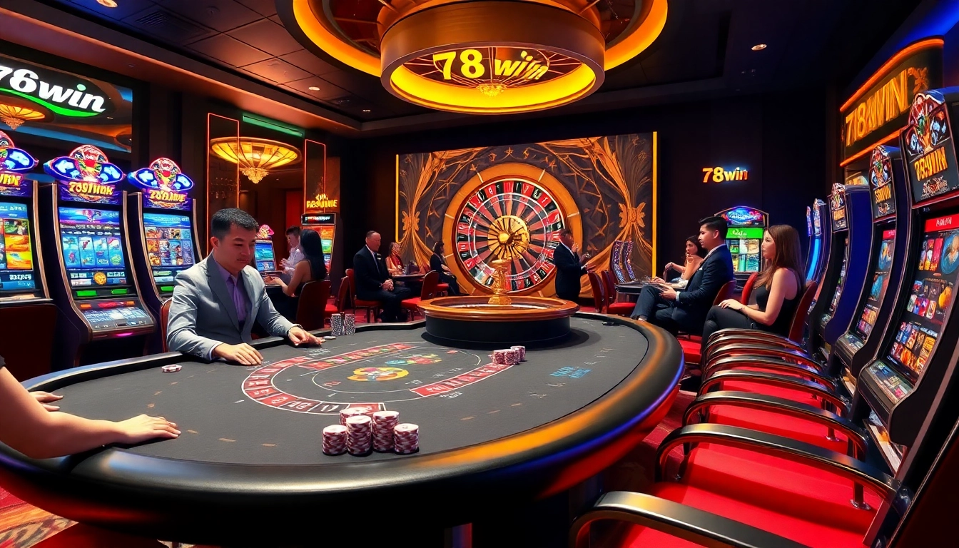 Experience the thrill of 78win at a luxurious casino table with vibrant chips and a roulette wheel.