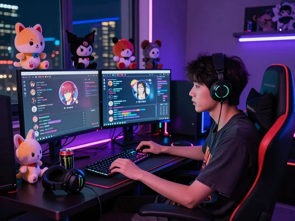 Engaging hentai AI chat scene with colorful avatars and neon lights, showcasing digital interaction.