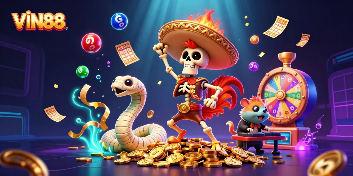 Experience the thrill of VIN88 casino games with a vibrant 3D scene filled with animated characters and dynamic lottery elements.