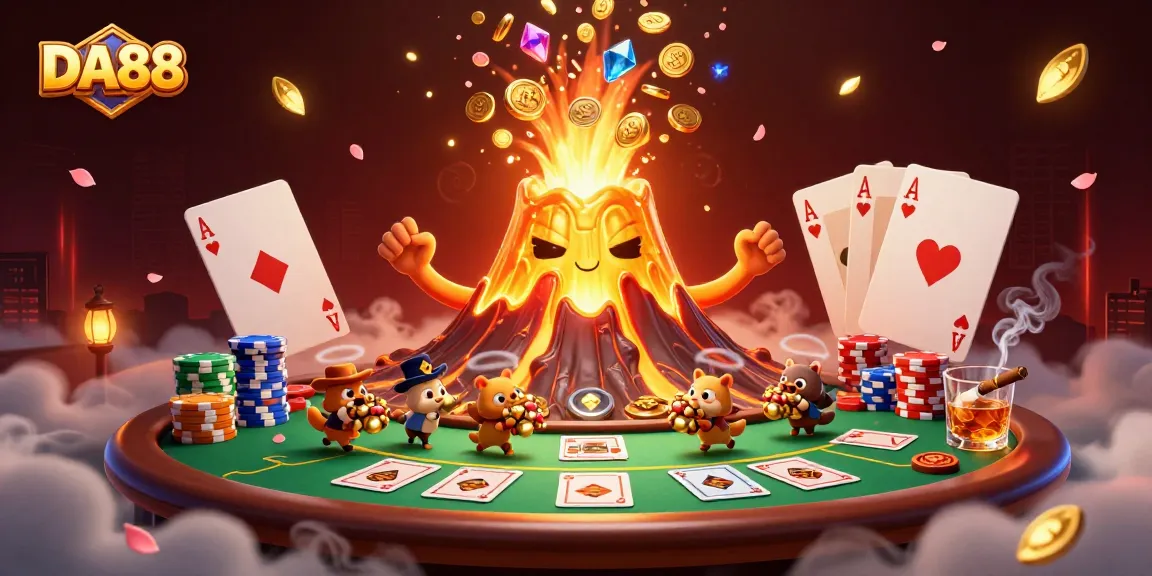 Experience the excitement of DA88 with a vibrant scene of a golden volcano erupting coins and treasures.