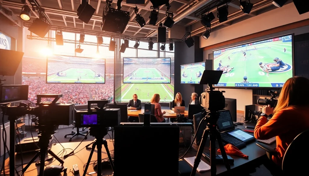 Engaging sports broadcasting setup showcasing live events with dynamic screen displays.