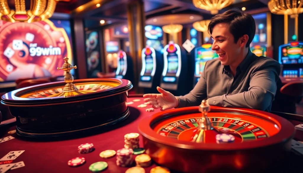 Experience the thrill of gaming at 99wim with a vibrant casino scene featuring poker chips and cards.