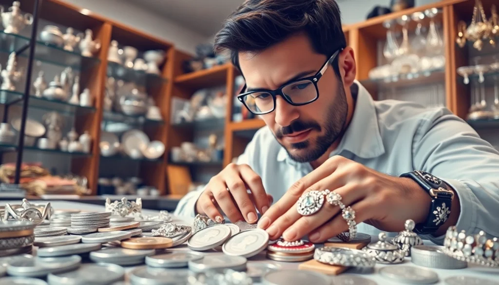 Valutazione professionale di argento in un ambiente caratterizzato da luci calde e oggetti in metallo prezioso.
