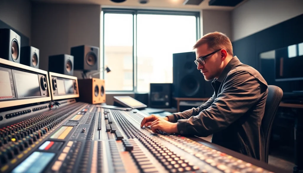 Witness online audio mastering in action with a focused technician at a professional mixing console.