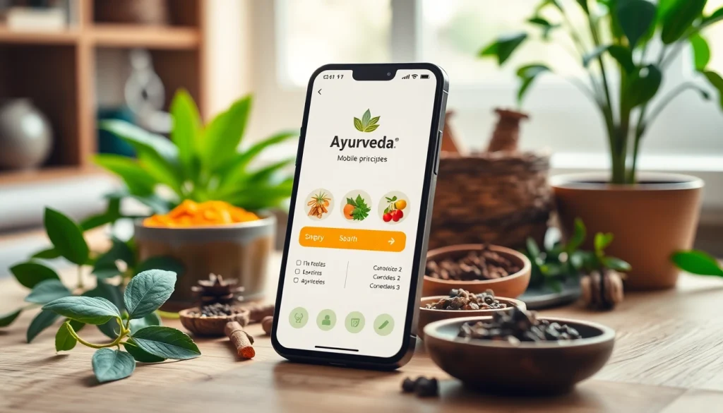 Engaging Ayurveda Mobile App interface displayed in a tranquil workspace with natural elements.