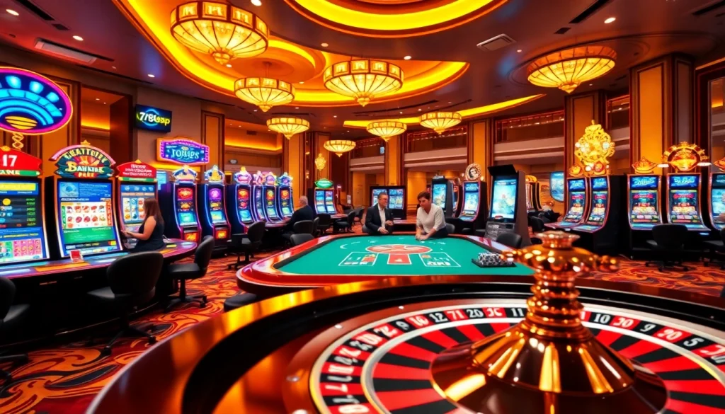 Exciting gambling scene at 789P with poker table action, vibrant slot machines, and roulette wheel.