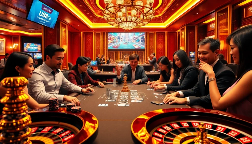 Players enjoy high-stakes poker at uu88.company's luxurious casino, showcasing excitement and strategy.