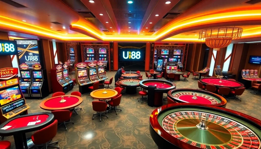 Experience thrilling gameplay at uu88.company with luxurious casino tables and vibrant slot machines.