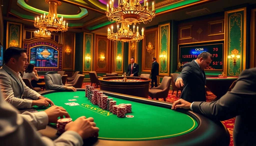 Experience the thrill of high-stakes poker games at OK8386 Casino with vibrant tables, exciting lighting, and professional players.