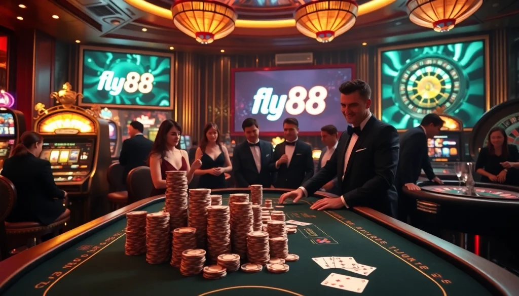 Engaging players enjoy fly88 at a glamorous casino table filled with chips and games.