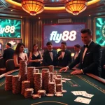 Engaging players enjoy fly88 at a glamorous casino table filled with chips and games.