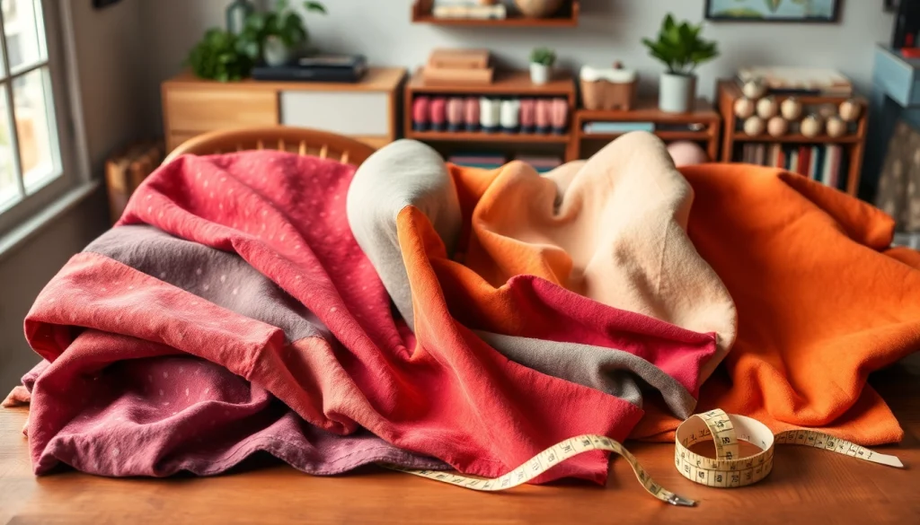 Stof kopen per meter met kleurrijke stoffen en naaiaccessoires op een houten tafel.