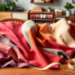 Stof kopen per meter met kleurrijke stoffen en naaiaccessoires op een houten tafel.