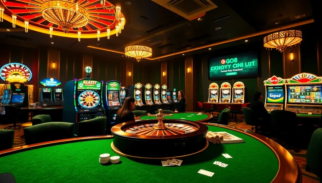 Exciting gamble scene highlighting khuyến mãi GO8 promotions with roulette, slot machines, and poker elements.