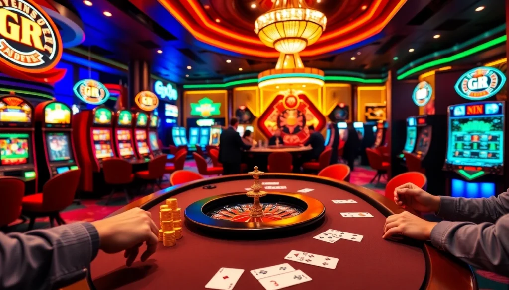 Players enjoying exciting casino games at GK 88 with vibrant tables and slot machines.